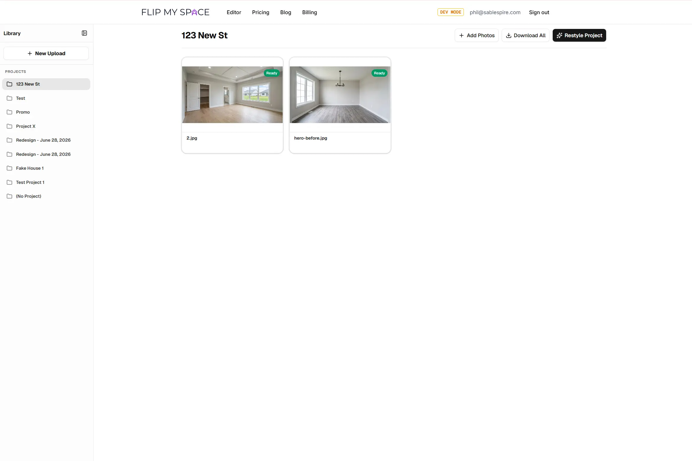 The clean, intuitive new project dashboard in Flip My Space