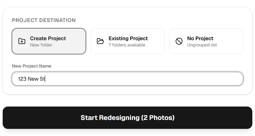 A close-up look at the new project selection panel on the upload page