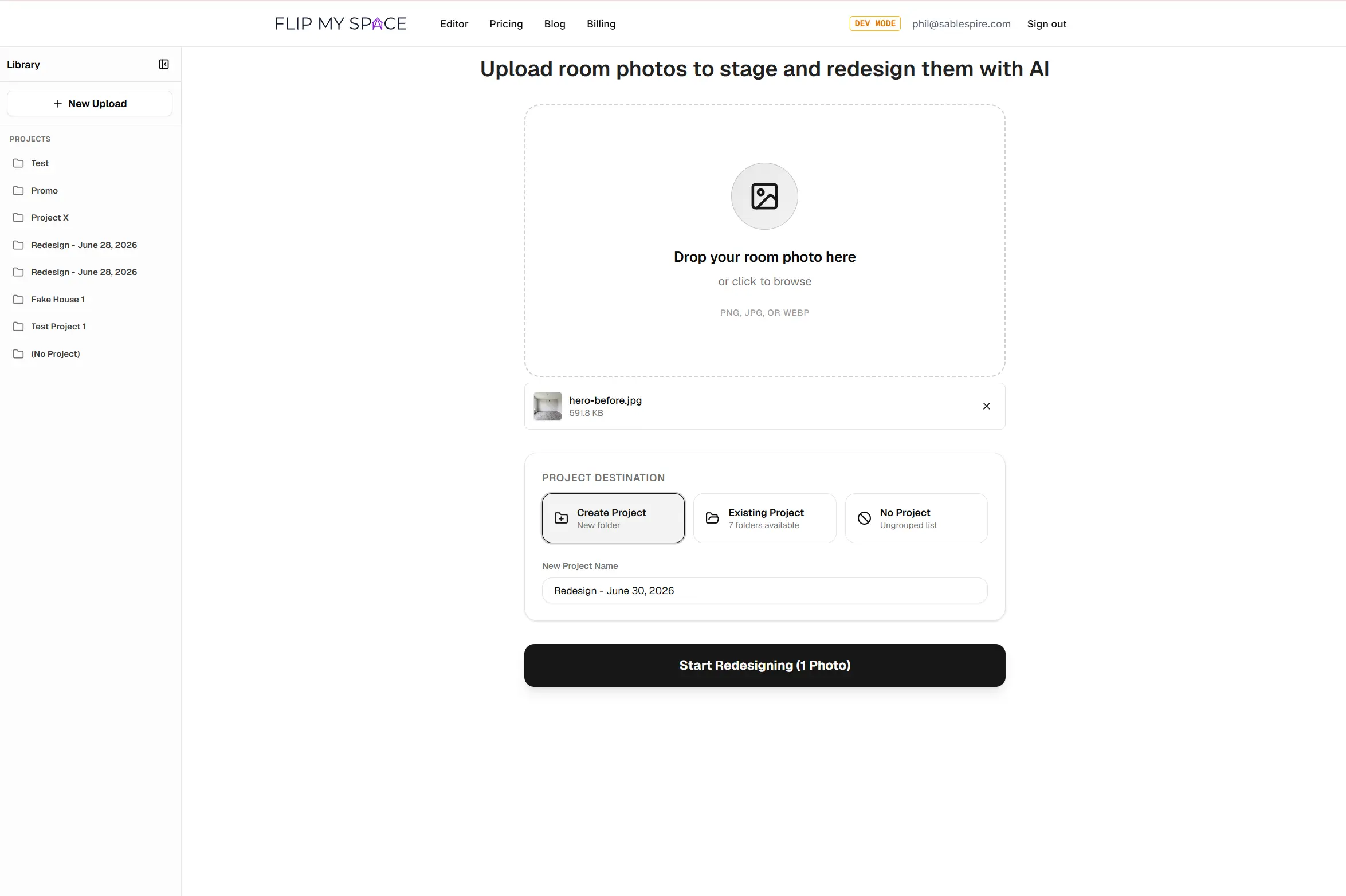 Uploading a single photo to the project queue
