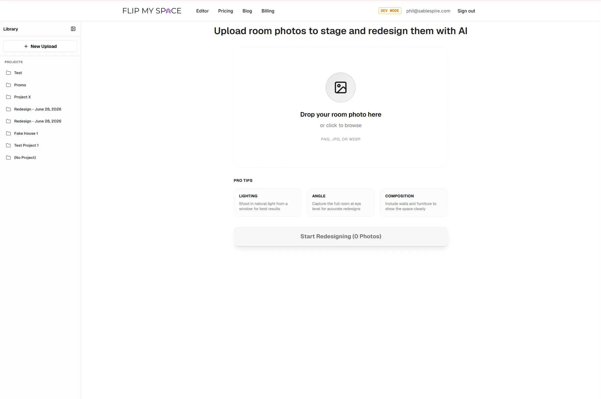 The brand new empty upload interface waiting for files