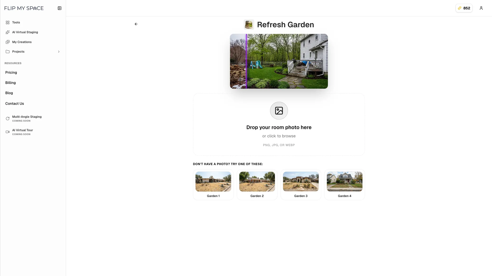 The Refresh Garden tool page with a before-and-after preview of a backyard, a drop zone for your own photo, and four sample garden photos to try