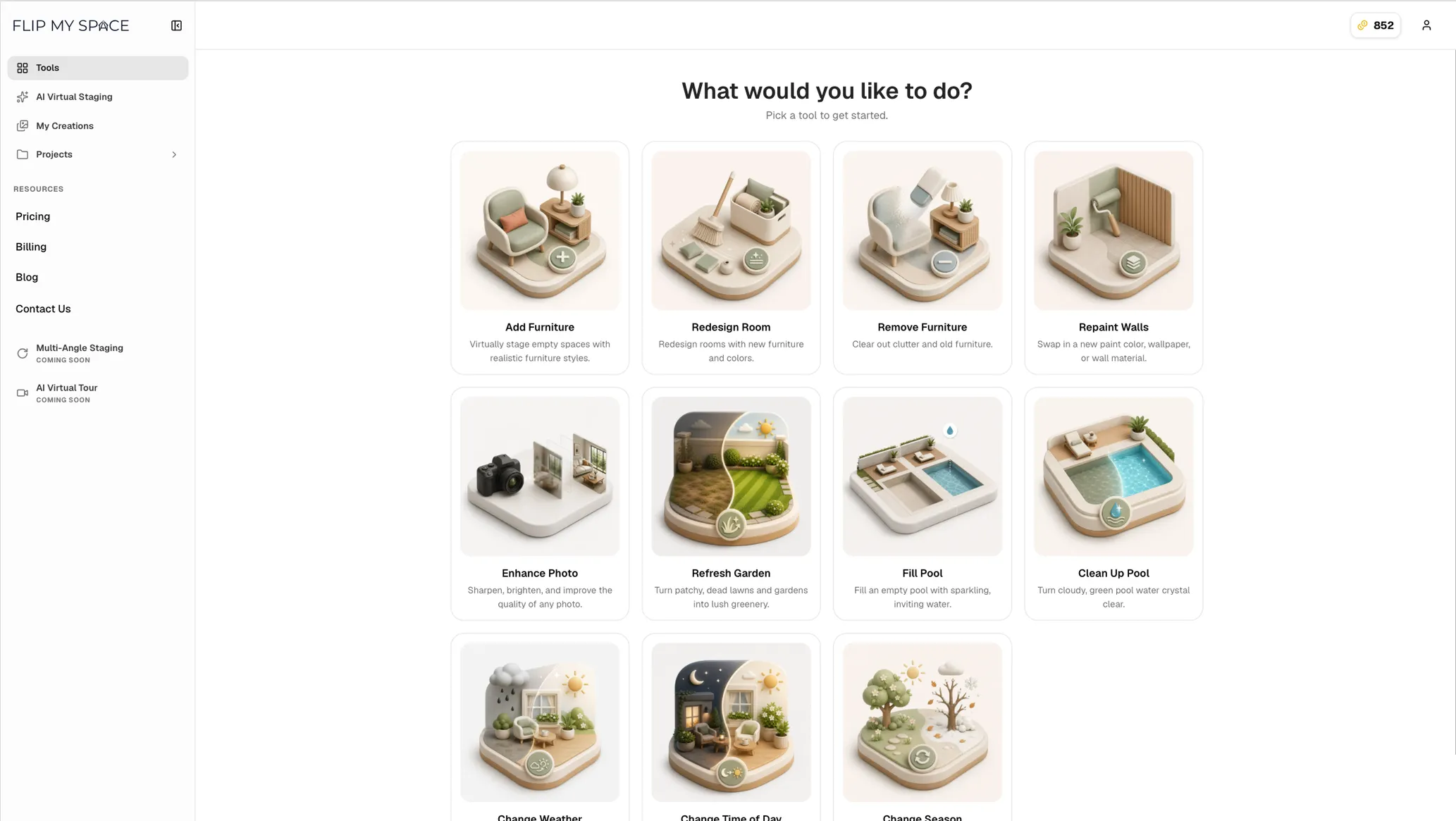 The new Tools page in Flip My Space, showing a grid of purpose-built editing tools including Add Furniture, Redesign Room, Remove Furniture, Repaint Walls, Enhance Photo, Refresh Garden, Fill Pool, and Clean Up Pool