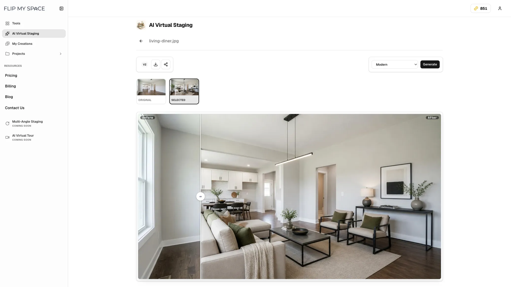 The finished Modern staging, shown in a draggable before and after slider with the empty room on the left and the fully staged living room on the right