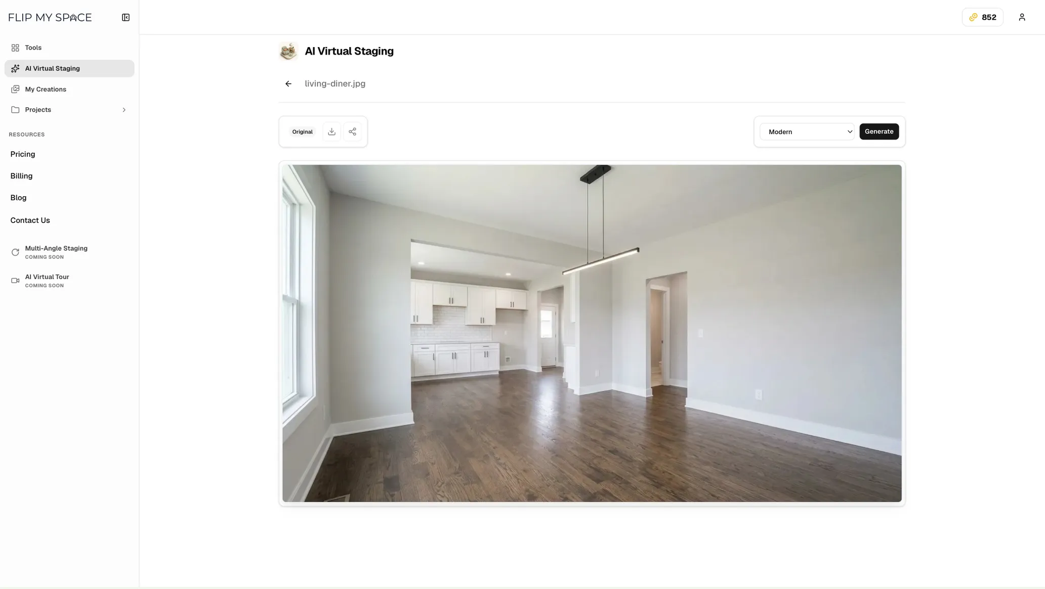 The redesigned Flip My Space editor showing an empty living and dining room, with the Modern style selected and a Generate button ready