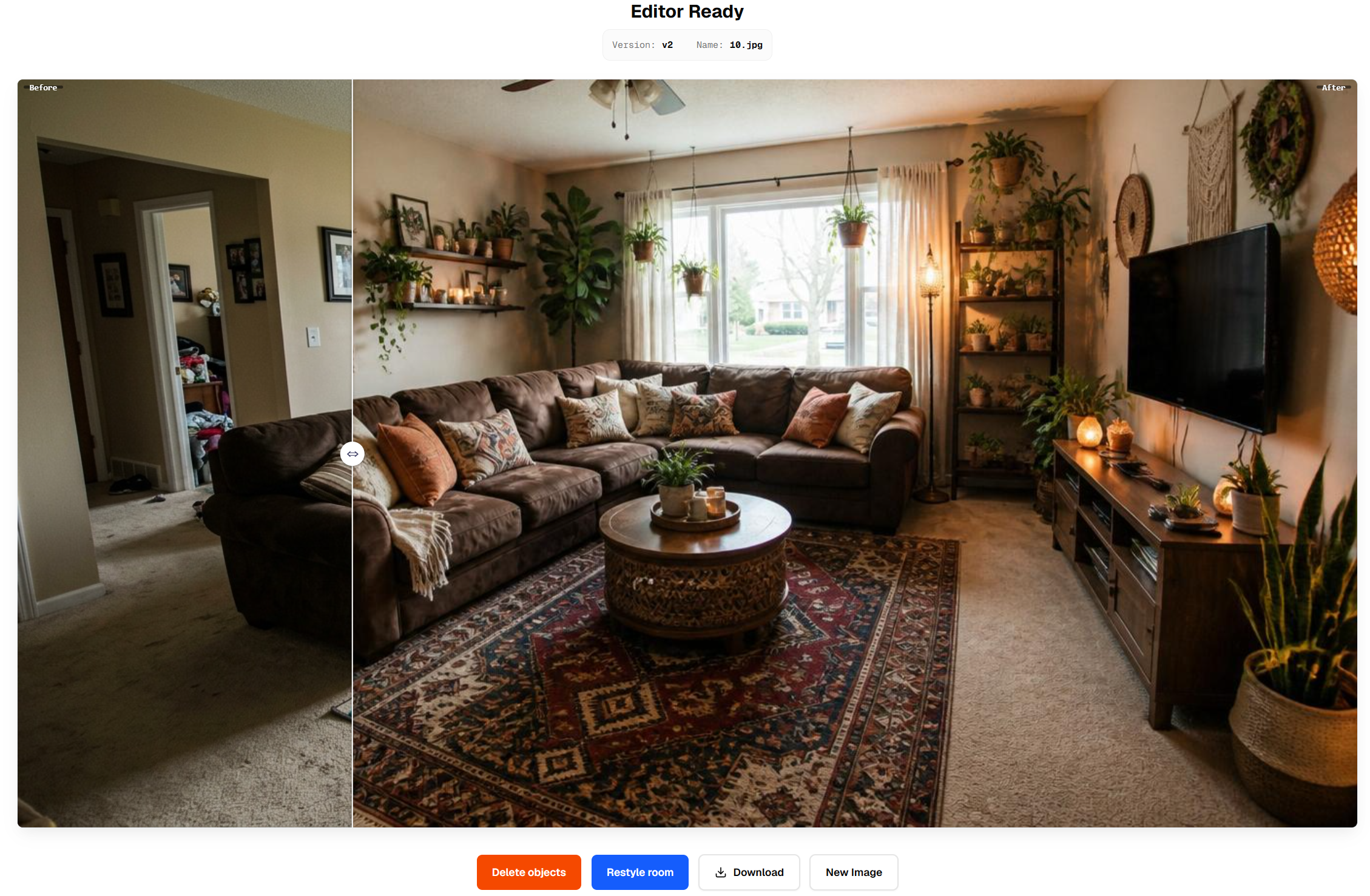 The same room restyled in a bold Boho aesthetic, shown in the before and after comparison slider