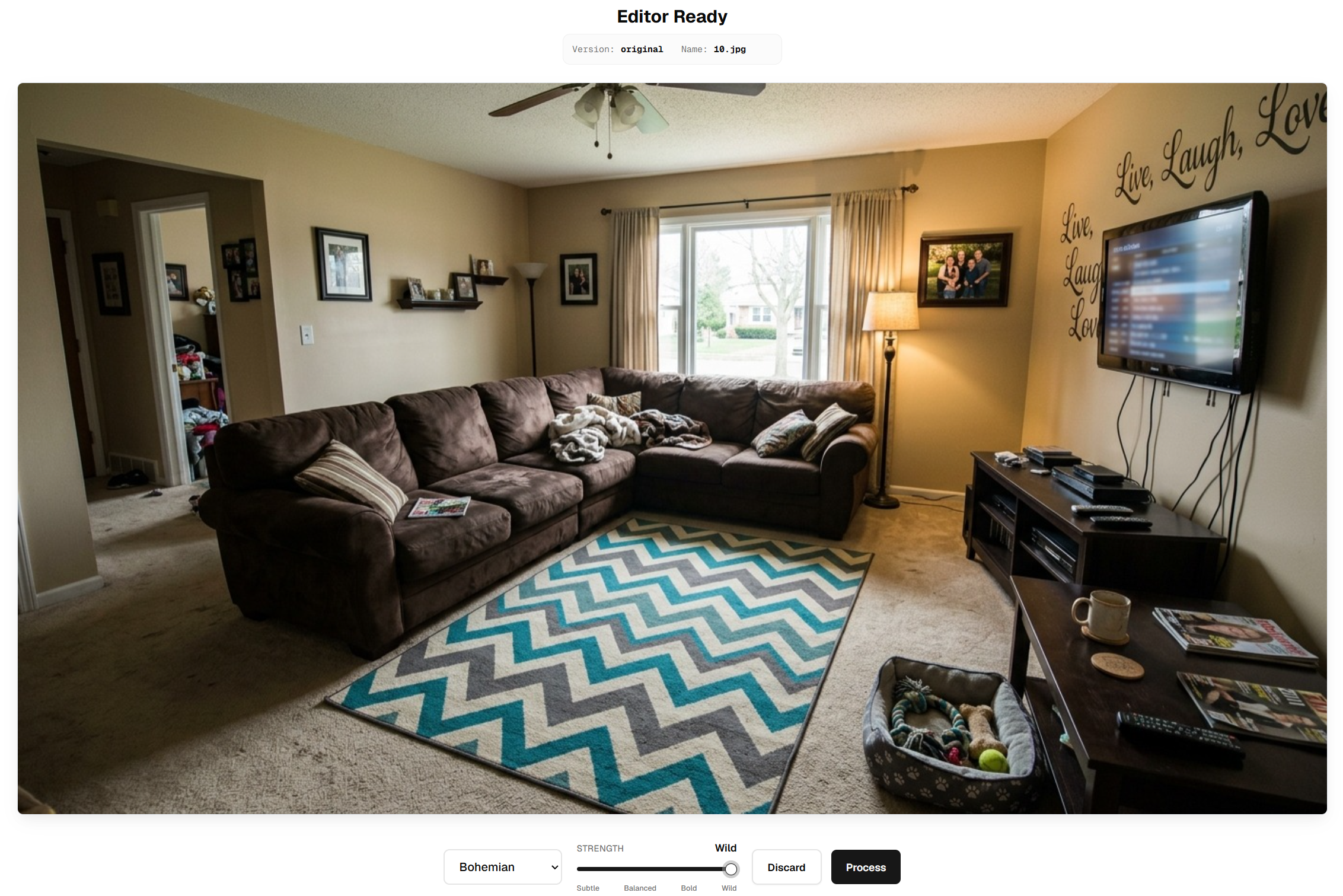 Uploading a room photo and selecting a wild-strength Boho redesign in Flip My Space